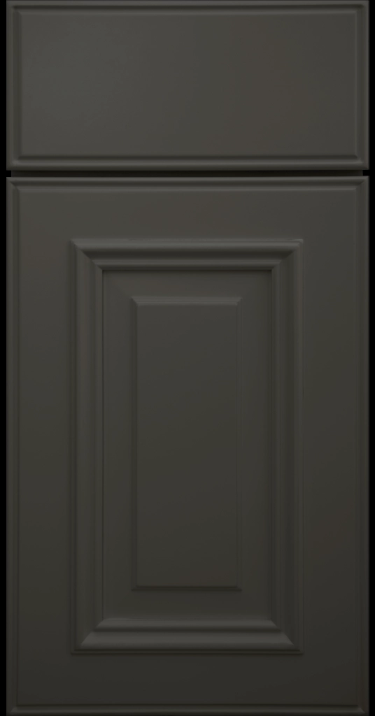 Custom Iron Ore color Anderson Raised Panel Kitchen Cabinet Door and matching Slab Drawer Front.